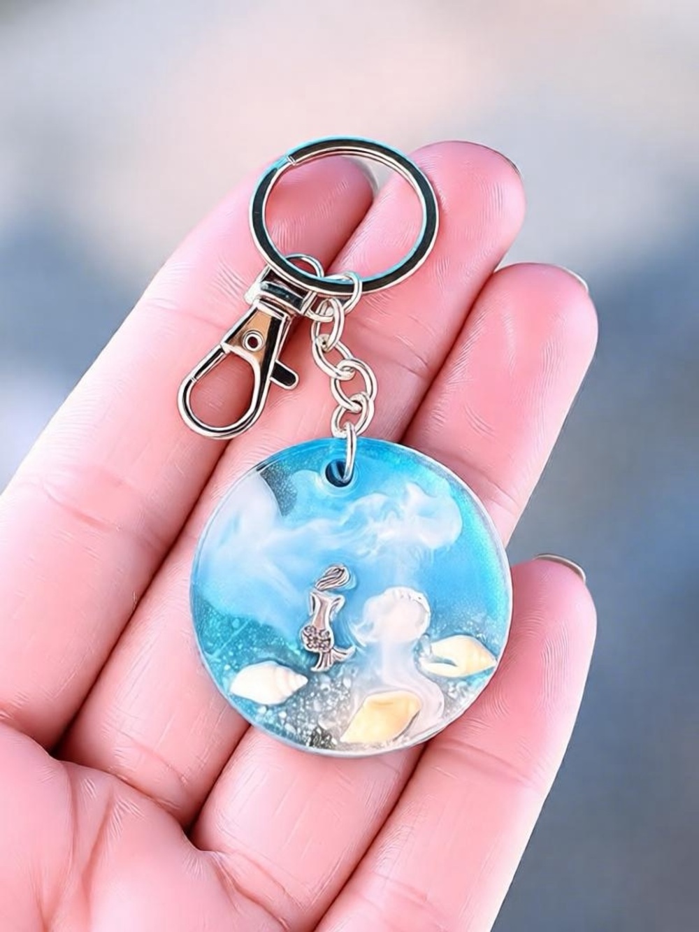 Handmade Ocean Mermaid Acrylic Keychain with Shell Accents 2" - Picture 2 of 3